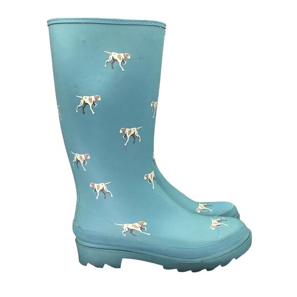 J. Crew Rain Boots Women's Sz 7 Dog Print Blue Green Teal Pull On Rubber Spring - Picture 1 of 6